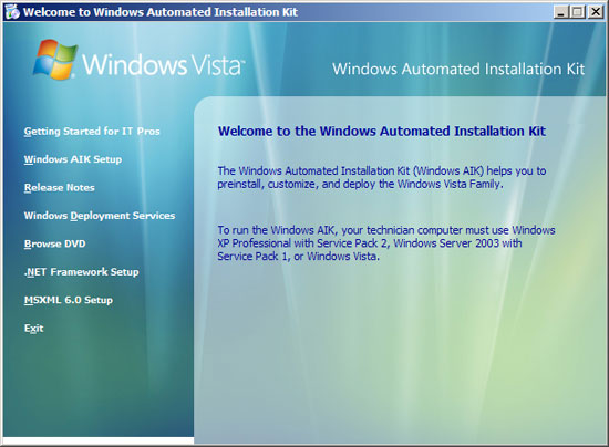 Меню Windows Automated Installation Kit