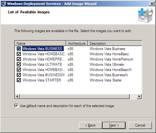 Список образов Windows Vista в WDS 