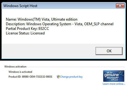 "Лицензионная" копия Windows Vista