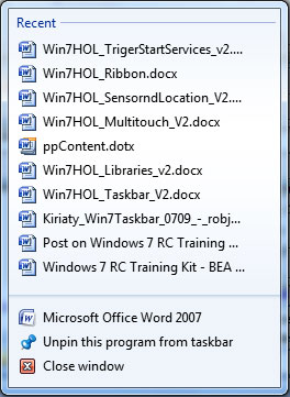 Разработка панели задач Windows 7 – списки переходов