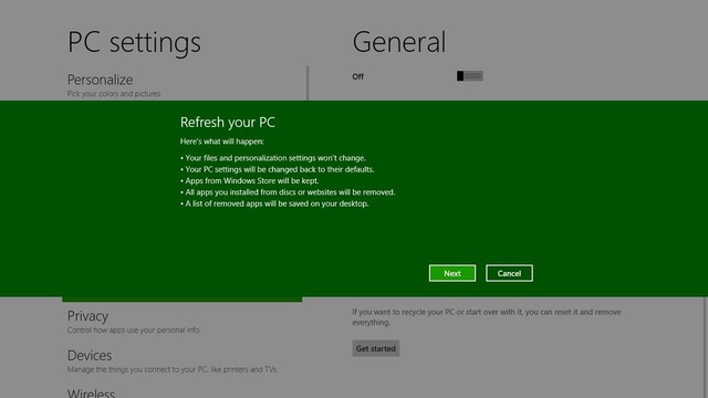 Разработка Windows 8: сброс и обновление настроек компьютера