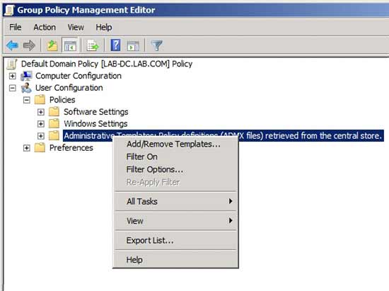 Щелкните правой кнопкой папку Administrative Templates и выберите Add/Remove Templates