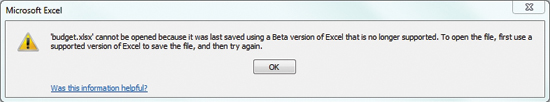 Excel 2010 не поддерживает файлов, созданных в бета-версии Excel 2007