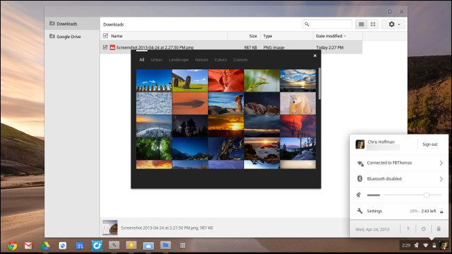 Выбор обоев и настройки трея Chrome OS