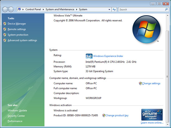 Windows Vista, активированная с помощью эмуляции OEM BIOS