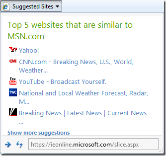 IE8 Beta 2 | Предложенные сайты 